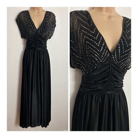Vintage 1970s UK Size 8 Black Glitter Embellished Short Sleeve Ruched Waist Evening Maxi Dress