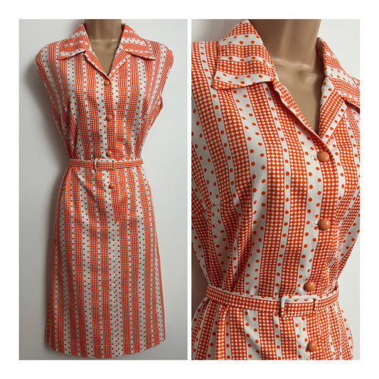 Vintage 1970s Size 14 Orange & White Stripe Diamond & Spot Print Belted Cotton Mod Day Dress