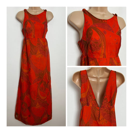 Vintage 1970s Size 8-10 Orange Tones Abstract Print Chiffon Sleeveless Empire Line Maxi Dress