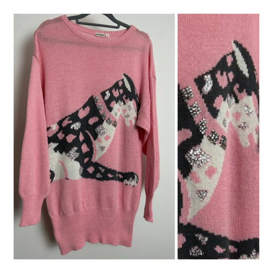 Vintage 1990s Size 12 Pink & Grey Bead & Sequin Embellished Leopard Novelty Print Jumper