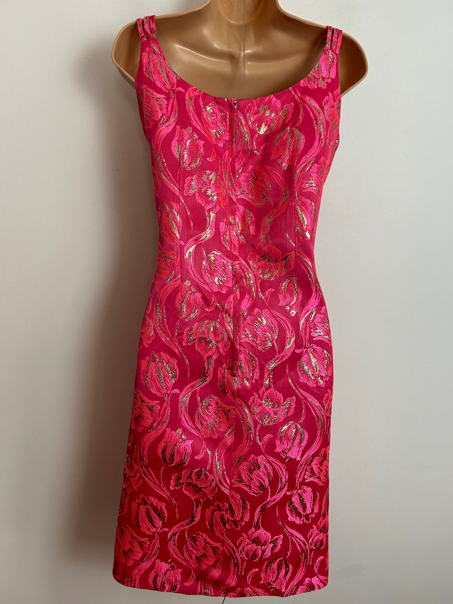 Vintage 1960s DALEWEAR UK Size 10 Hot Pink & Metallic Gold Brocade Satin Triple Strap Mod Occasion Party  Shift Dress