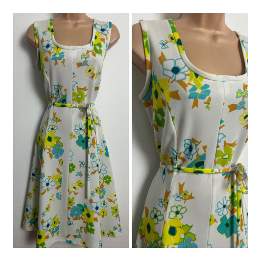 Vintage 1970s Size 12 White Green Yellow & Blue Floral Print Belted Mod Fit & Flare Dress