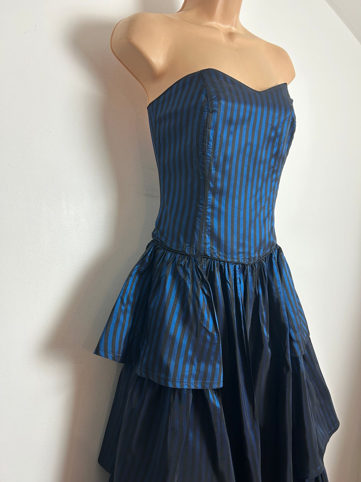 Vintage 1980s LAURA ASHLEY UK Size 10 (Size 14 On Label) Strapless Blue & Black Stripe Tiered Full Length Ballgown