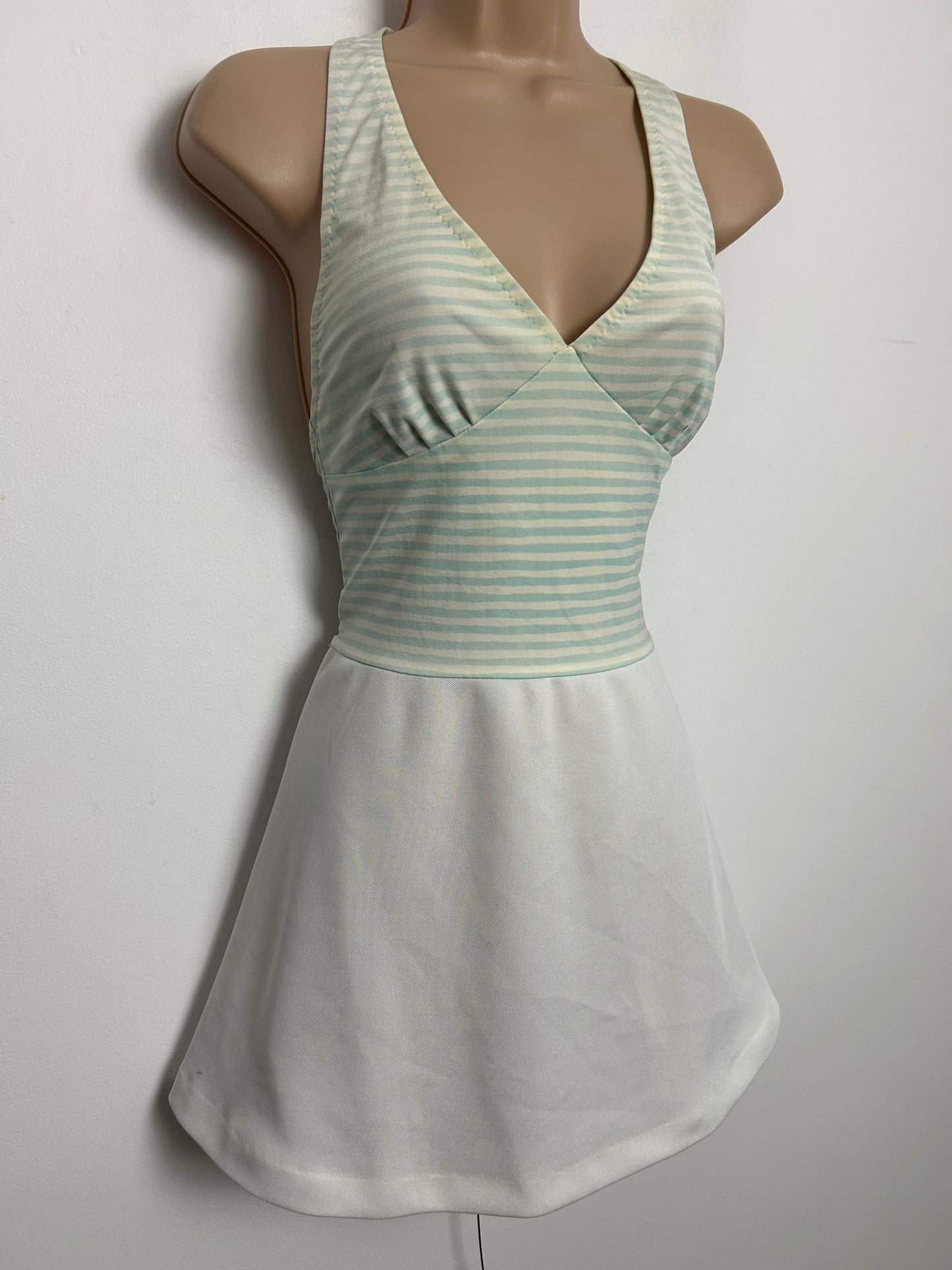 Vintage Early 1970s OLYMPIC Size 8-10 White Pale Blue & Cream Stripe Print Halterneck Tennis Or Swim Dress