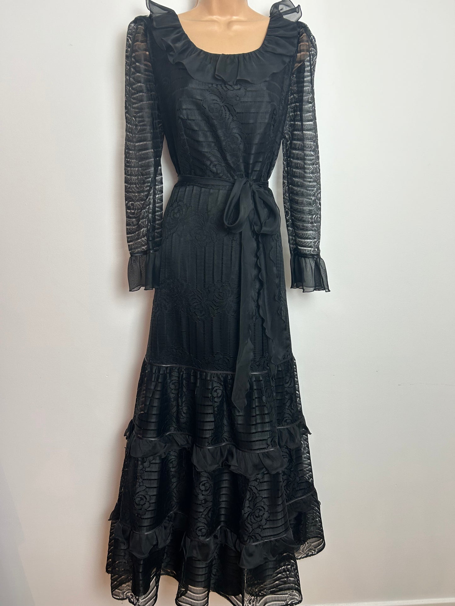 Vintage Early 1980s Size 12 Black Lace Long Sleeve Gothic Vibes Belted Prairie Maxi Dress