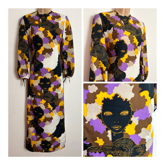 Vintage 1970s UK Size 8-10 Gorgeous Black Purple Yellow & Beige Psychedelic Novelty Face Print Long Sleeve Maxi Dress