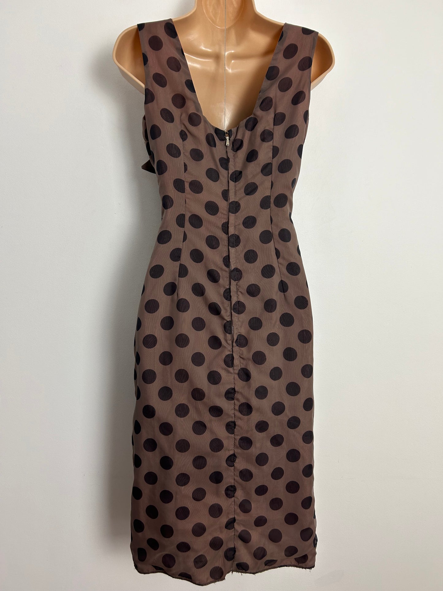 Vintage Early 1960s UK Size 8 Gorgeous Brown & Black Polka Dot Spot Print Mock Wrap Fitted Dress