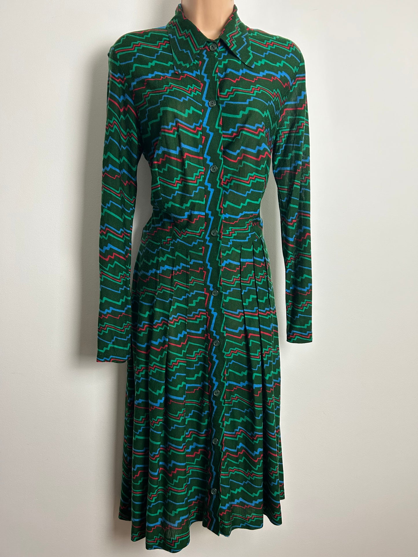 Vintage 1970s GLENARD Size 12 Dark Green Zig Zag Stripe Print Long Sleeve Pleated Day Dress