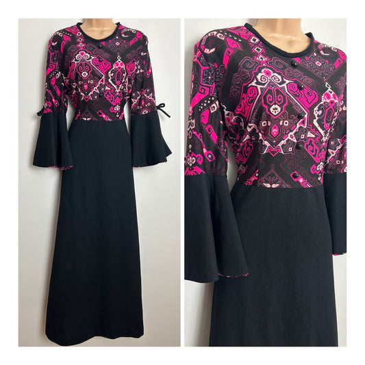 Vintage 1970s Size 14 Black Neon Pink & Maroon Abstract Print Flared Cuff Maxi Dress