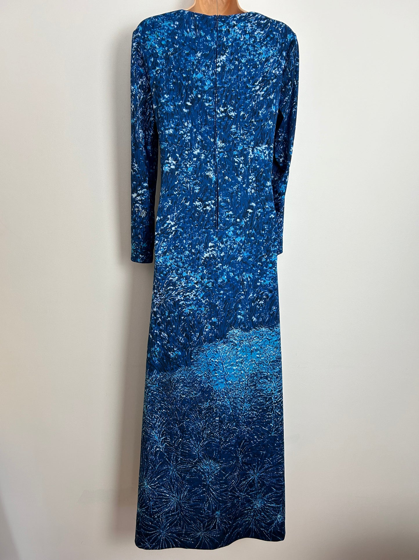 Vintage 1970s UK Size 14 Dark Blue Tones Abstract Print Long Sleeve Boho Maxi Dress