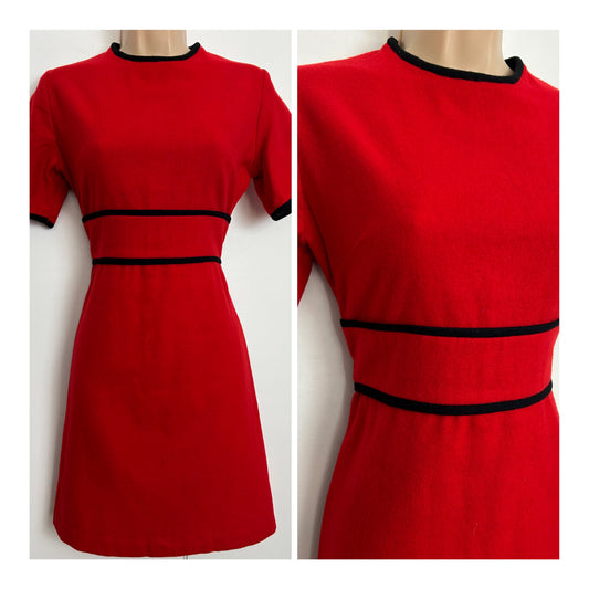 Vintage 1960s Size 8 Cute Red Short Sleeve Wool Mix Mini Mod Dress