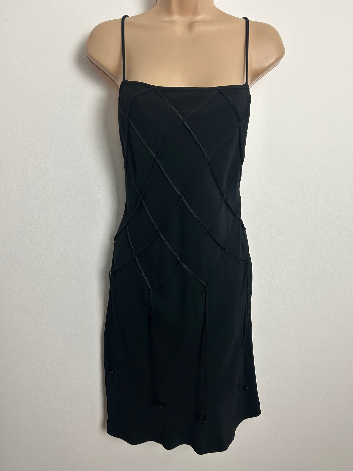 Vintage Late 1990s MOSCHINO CHEAP & CHIC Size 10 Black Lattice String Detail Little Black Dress & Matching Jacket Suit