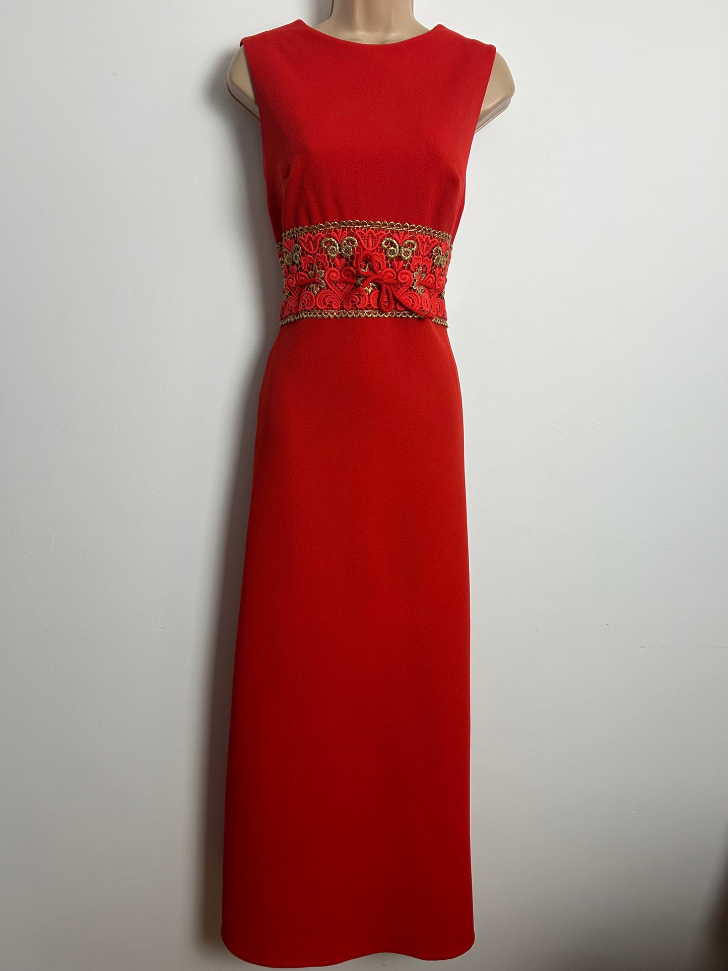 Vintage 1960s EMILIANA Size 10 Red & Gold Crimplene Lace Waist Panel Occasion Evening Maxi Dress