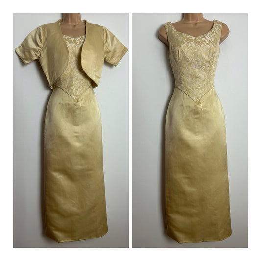 Vintage 1960s Size 6 Beautiful Pale Gold Pure Silk Floral Bodice Special Occasion Prom Wedding Dress With Matching Jacket