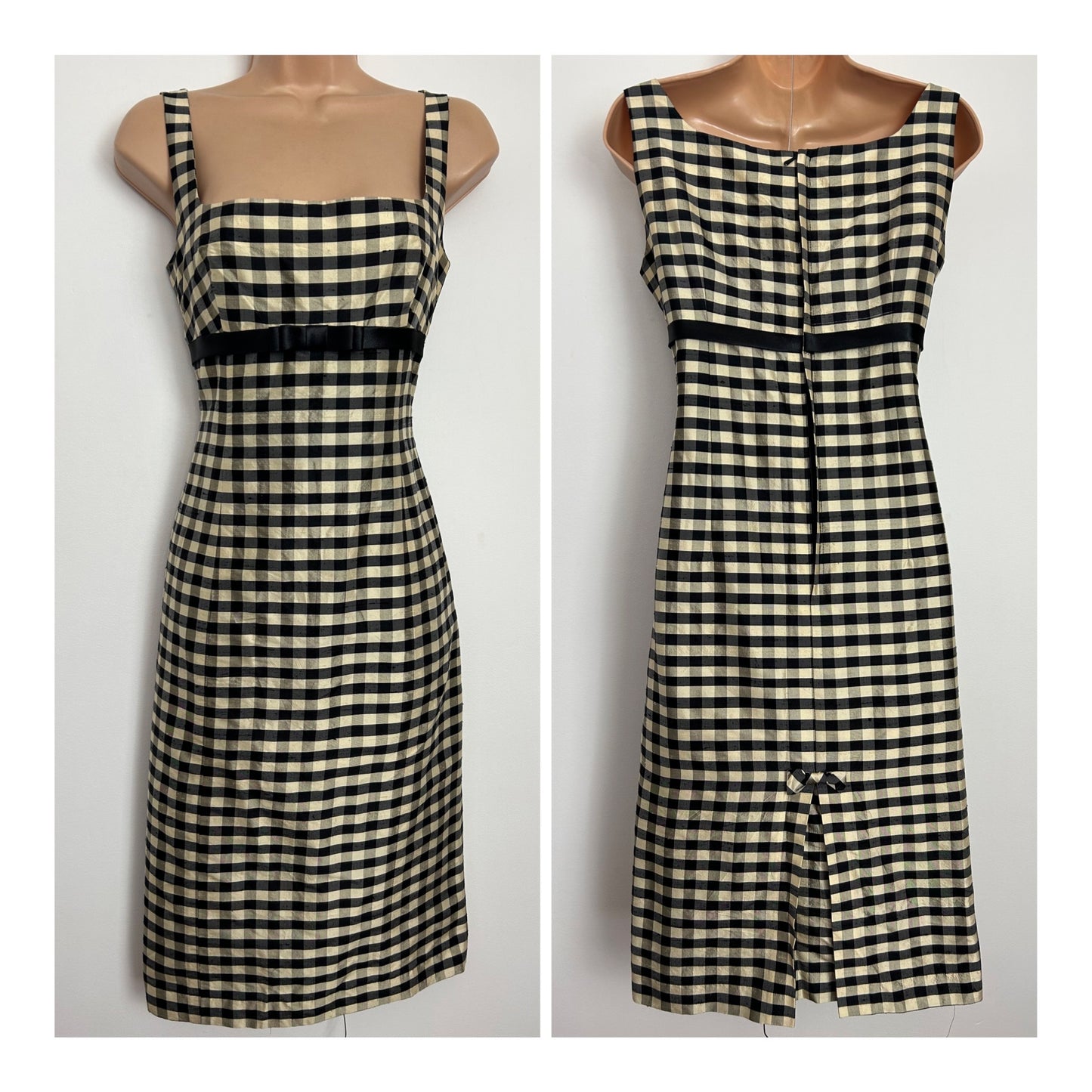 Vintage 1960s UK Size 8 Black & Pale Gold Check Print Sleeveless Bow Waist Shift Dress