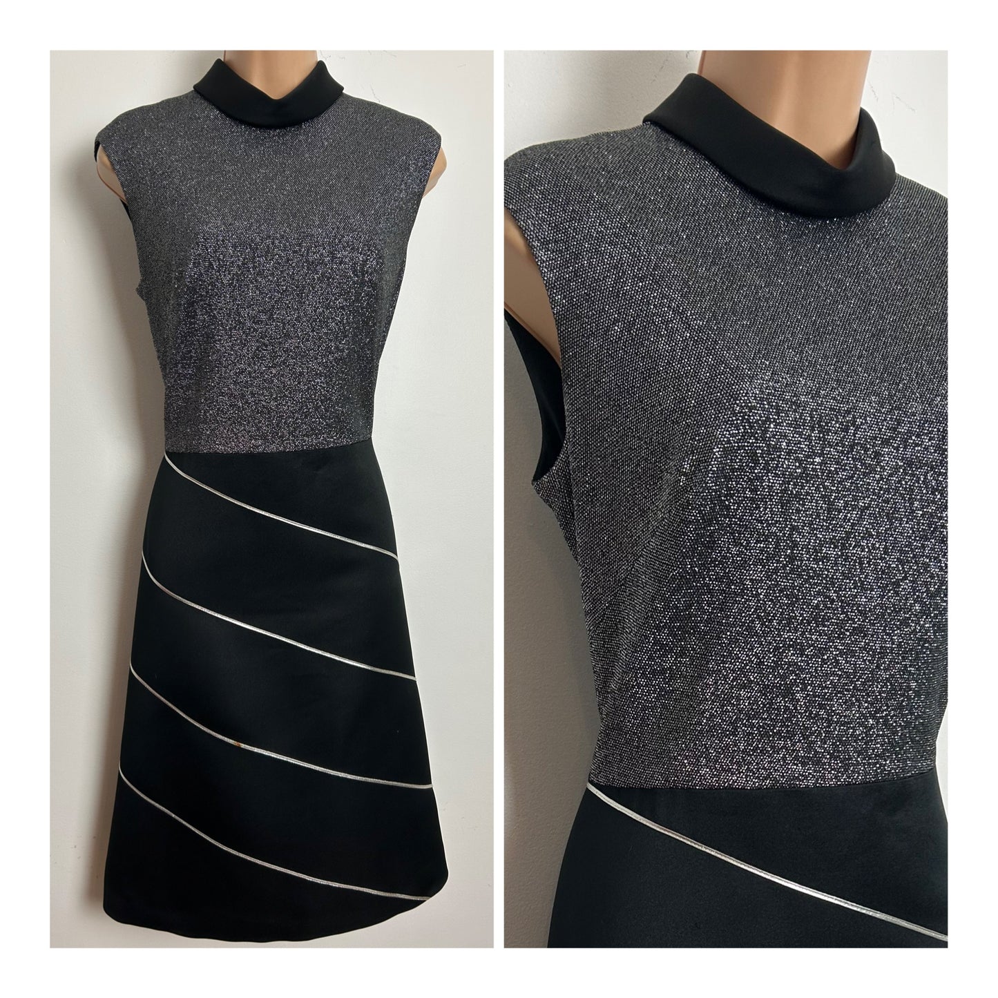 Vintage 1960s HEROS Size 14 Black & Silver Lurex Xmas Party Evening Mod Dress
