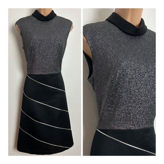 Vintage 1960s HEROS Size 14 Black & Silver Lurex Xmas Party Evening Mod Dress