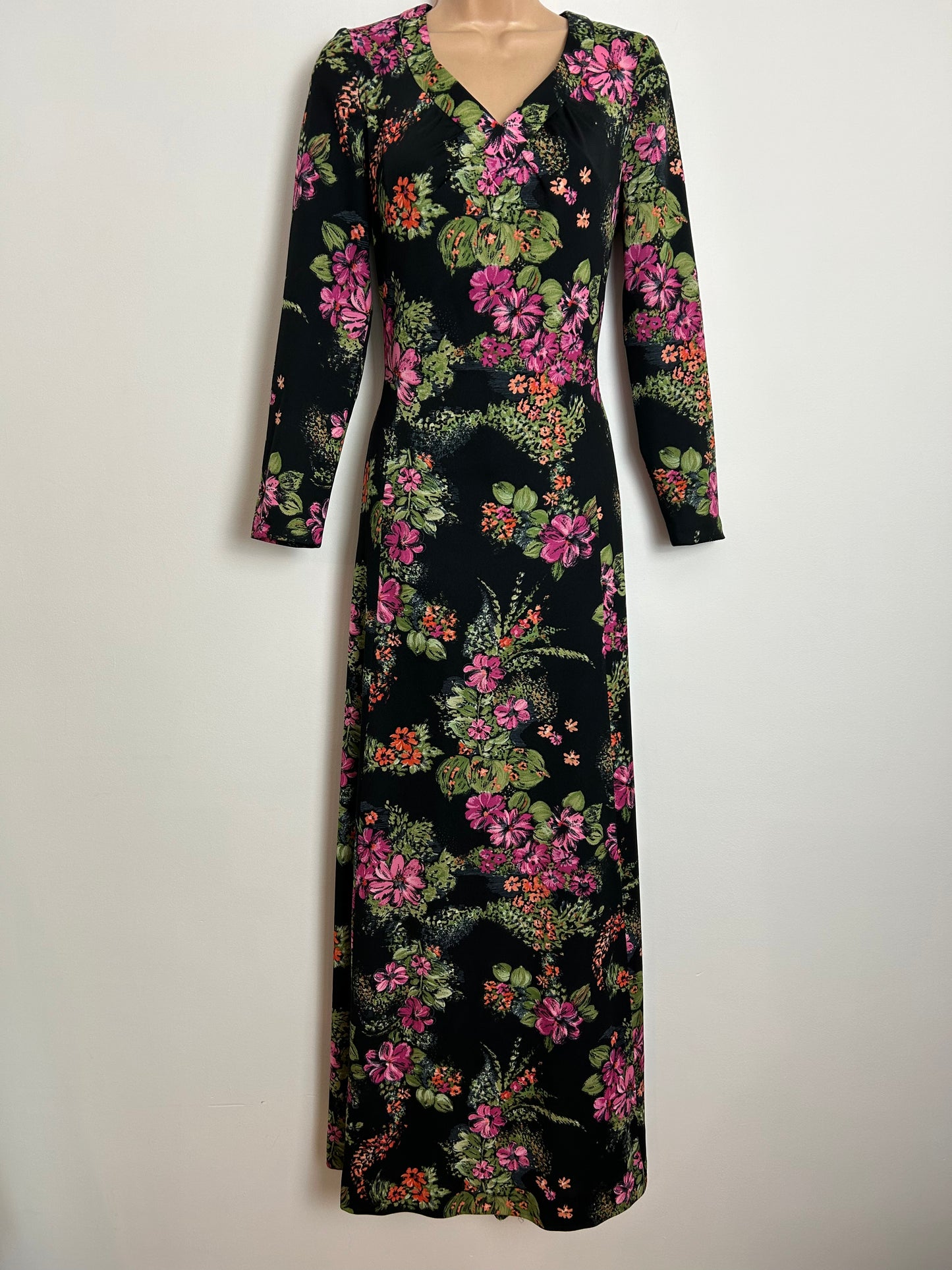 Vintage 1970s UK Size 12-14 Black Pink Green & Orange Floral Print Long Sleeve Boho Maxi Dress