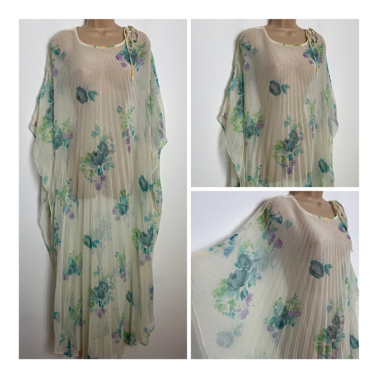 Vintage 1970s One Size Off White Blue Green & Violet Floral Print Semi Sheer Accordion Pleated Kaftan