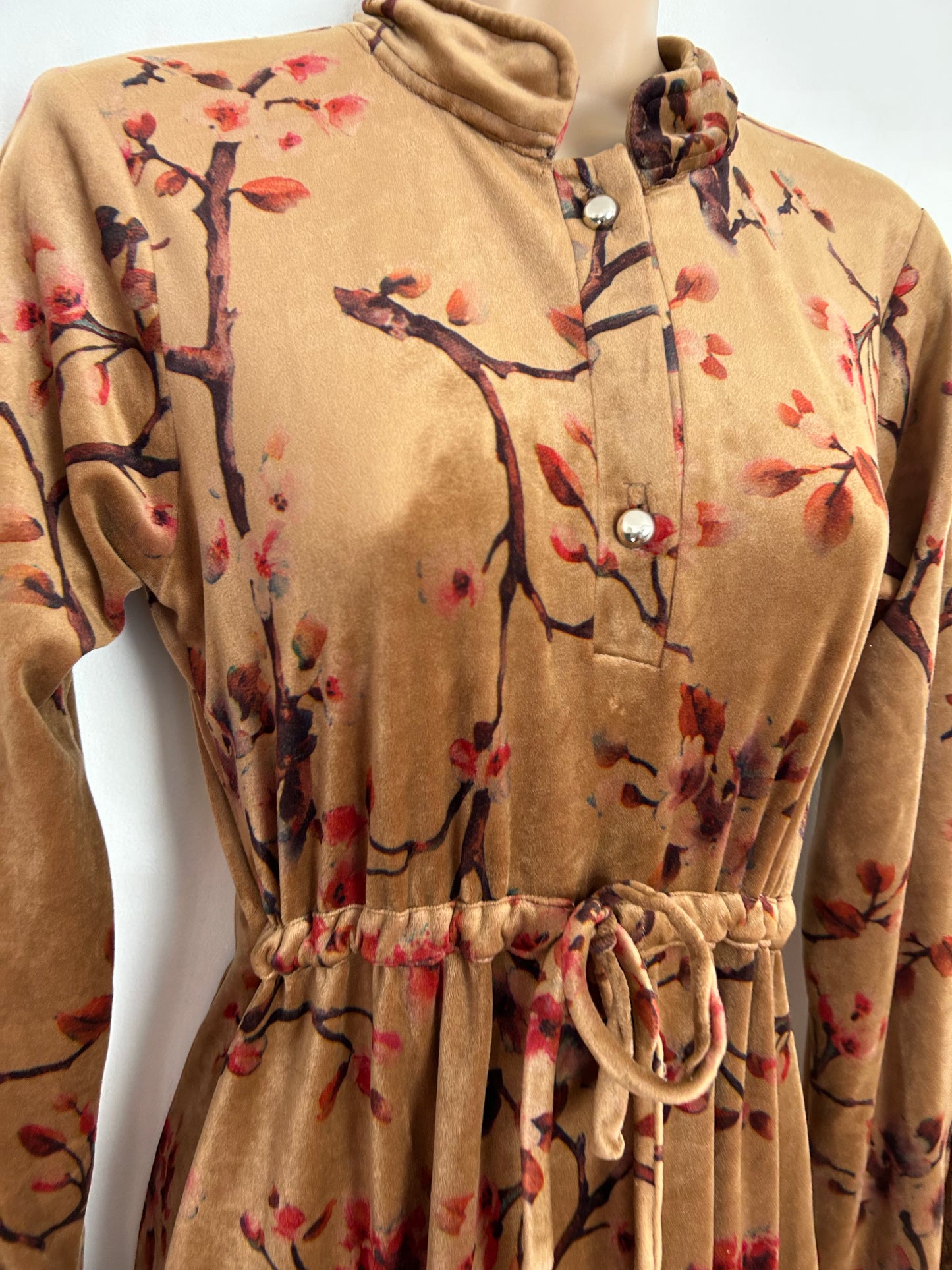 Vintage 1970s Homemade UK Size 8-10 Sandy Beige Blossom Floral Print Long Sleeve Pull Tie Waist Velour Boho Maxi Dress