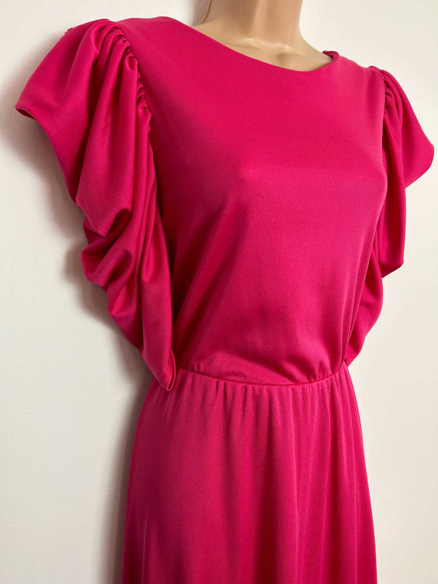 Vintage 1980s UK Size 12 C&A Hot Pink Pleated Draped Sleeve Occasion Maxi Dress