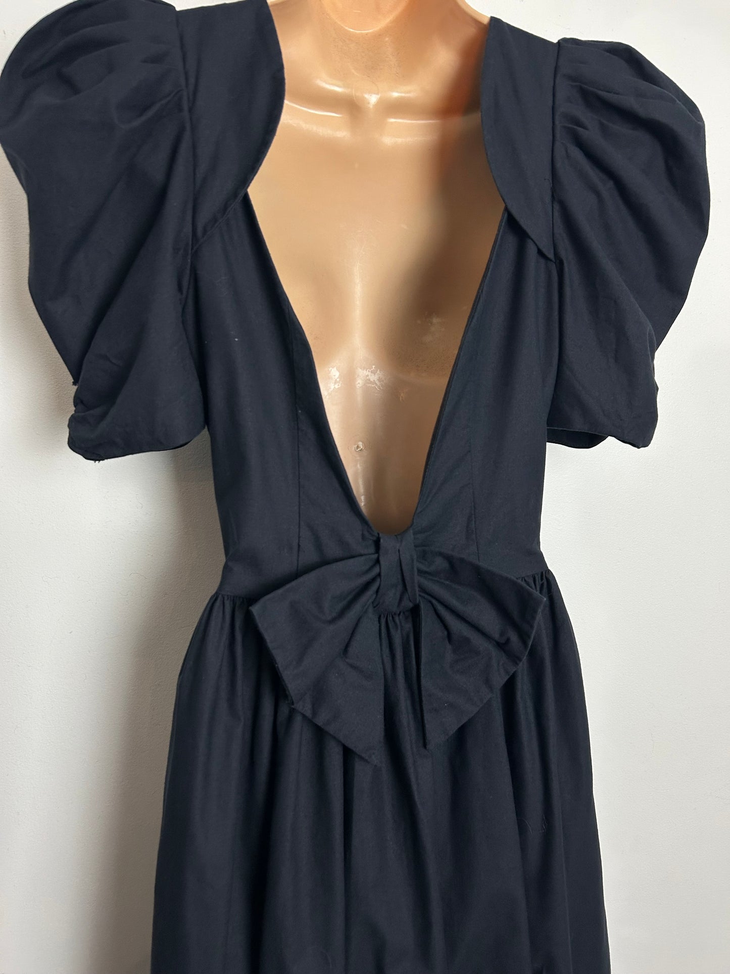 Vintage 1980s LAURA ASHLEY Size 12 (16 On Label) Black open Bow Back Puff Sleeve Midi Dress