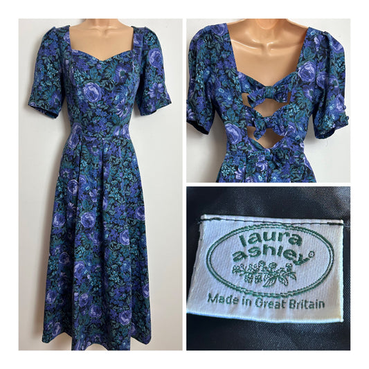 Vintage 1980s LAURA ASHLEY Size 10 Black Blue & Green Print Open Bow Back Dress