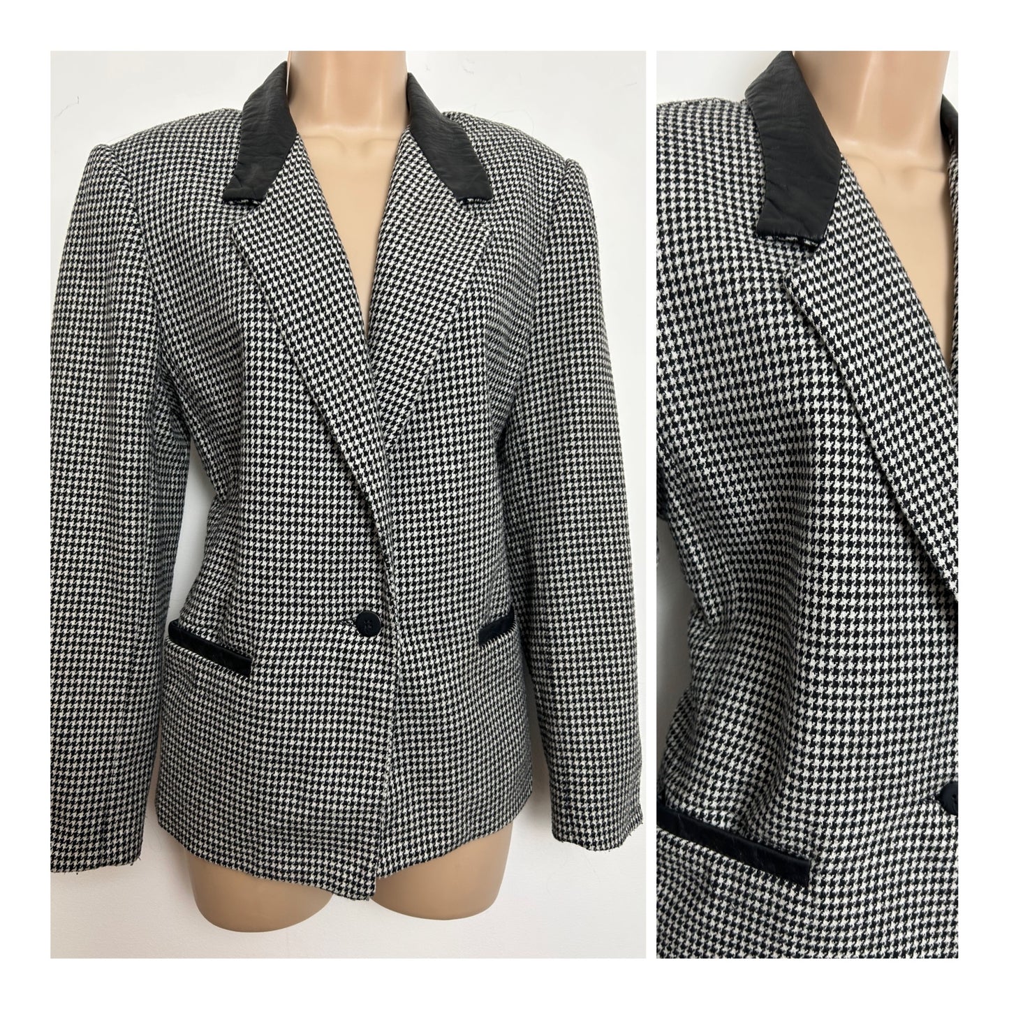 Vintage ADOLFO ATELIER Size 12 Black & White Dogtooth Check Wool Mix Leatherette Trim Blazer
