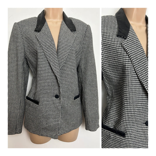 Vintage ADOLFO ATELIER Size 12 Black & White Dogtooth Check Wool Mix Leatherette Trim Blazer