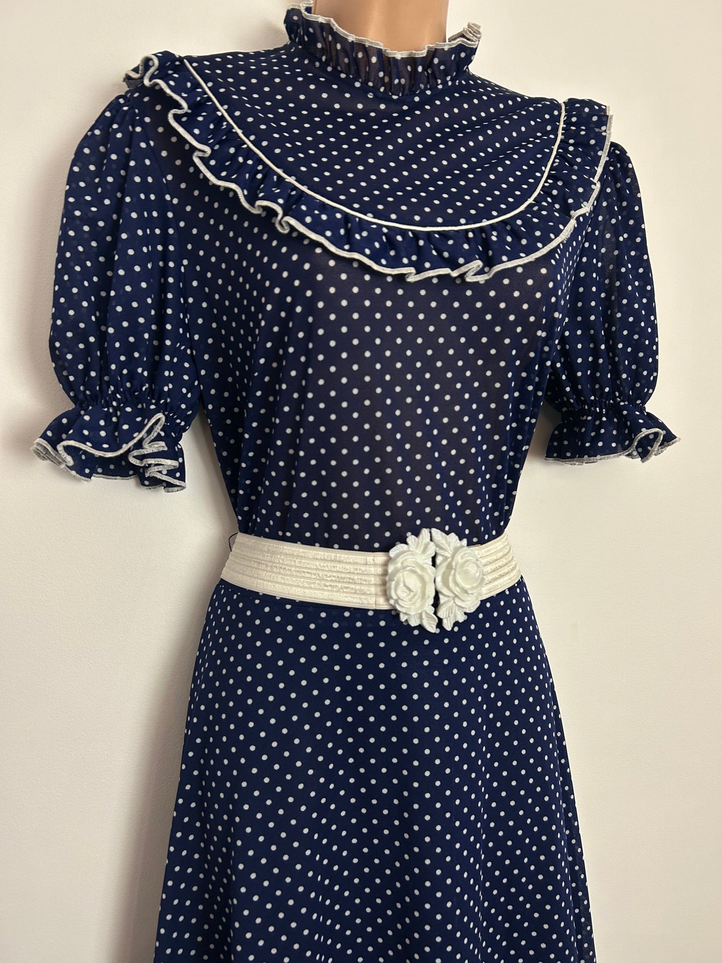Vintage 1970s UK Size 12-14 Navy Blue & White Polka Dot Ruffle Trim Elasticated Belt Prairie Boho Maxi Dress
