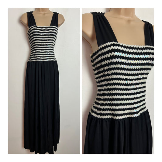 Vintage 1970s UK Size 10-14 Black & White Sequin Stretch Bodice Occasion Evening Maxi Dress