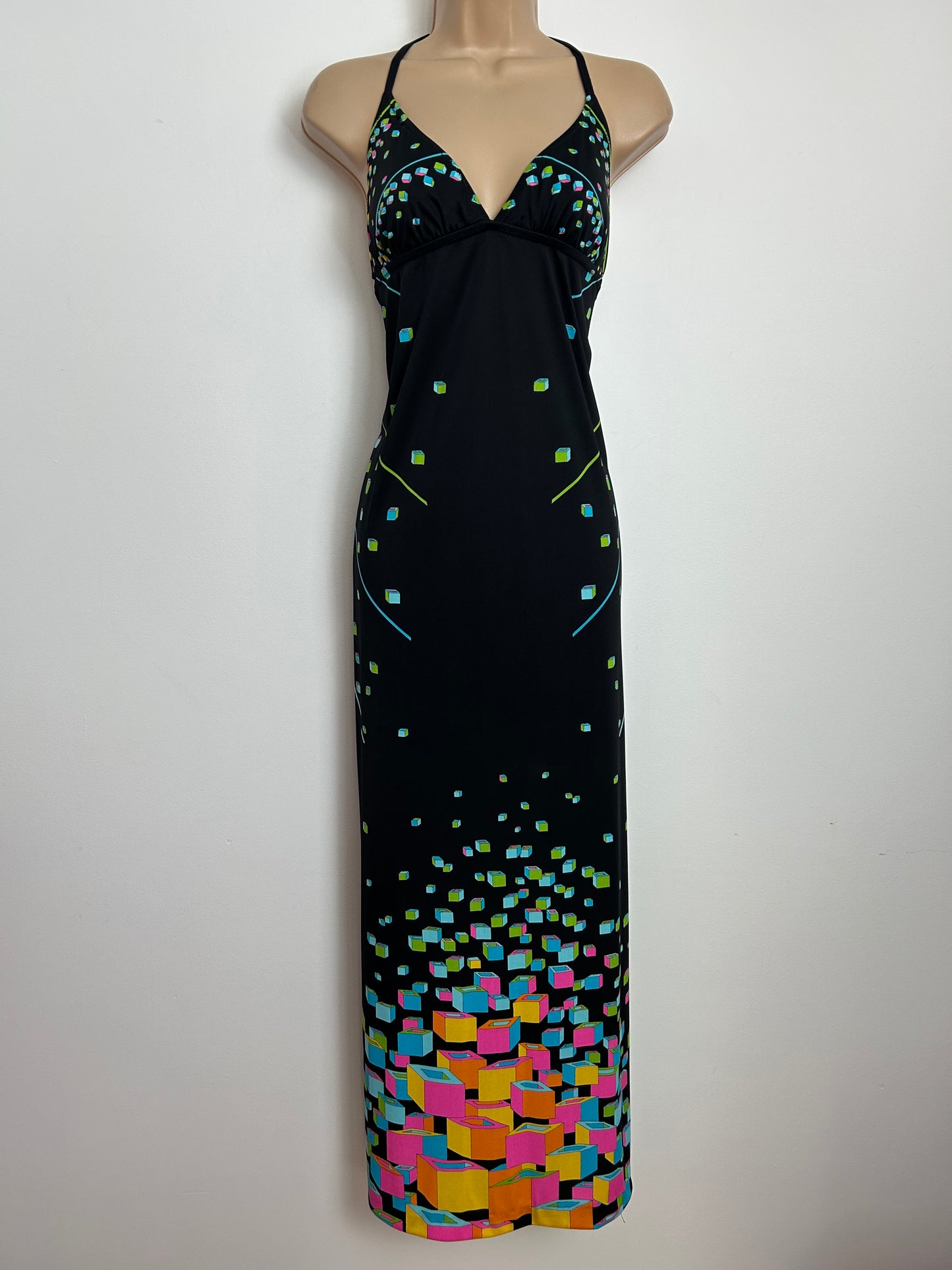 Vintage 1970s Size 8-10 Black & Mulitcolour Geometeric Square Print Halterneck Open Tie Back Maxi Dress