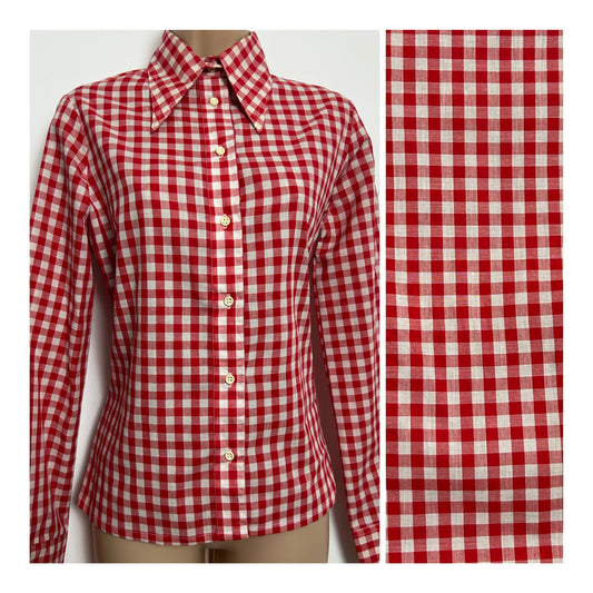 Vintage 1970s Size 12 Red & White Gingham Check Dagger Collar Cotton Shirt