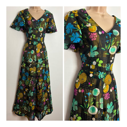 Vintage 1970's UK Size 8 Black Green Yellow & Pink Floral & Check Pattern Flared Short Sleeve Chiffon Boho Maxi Dress