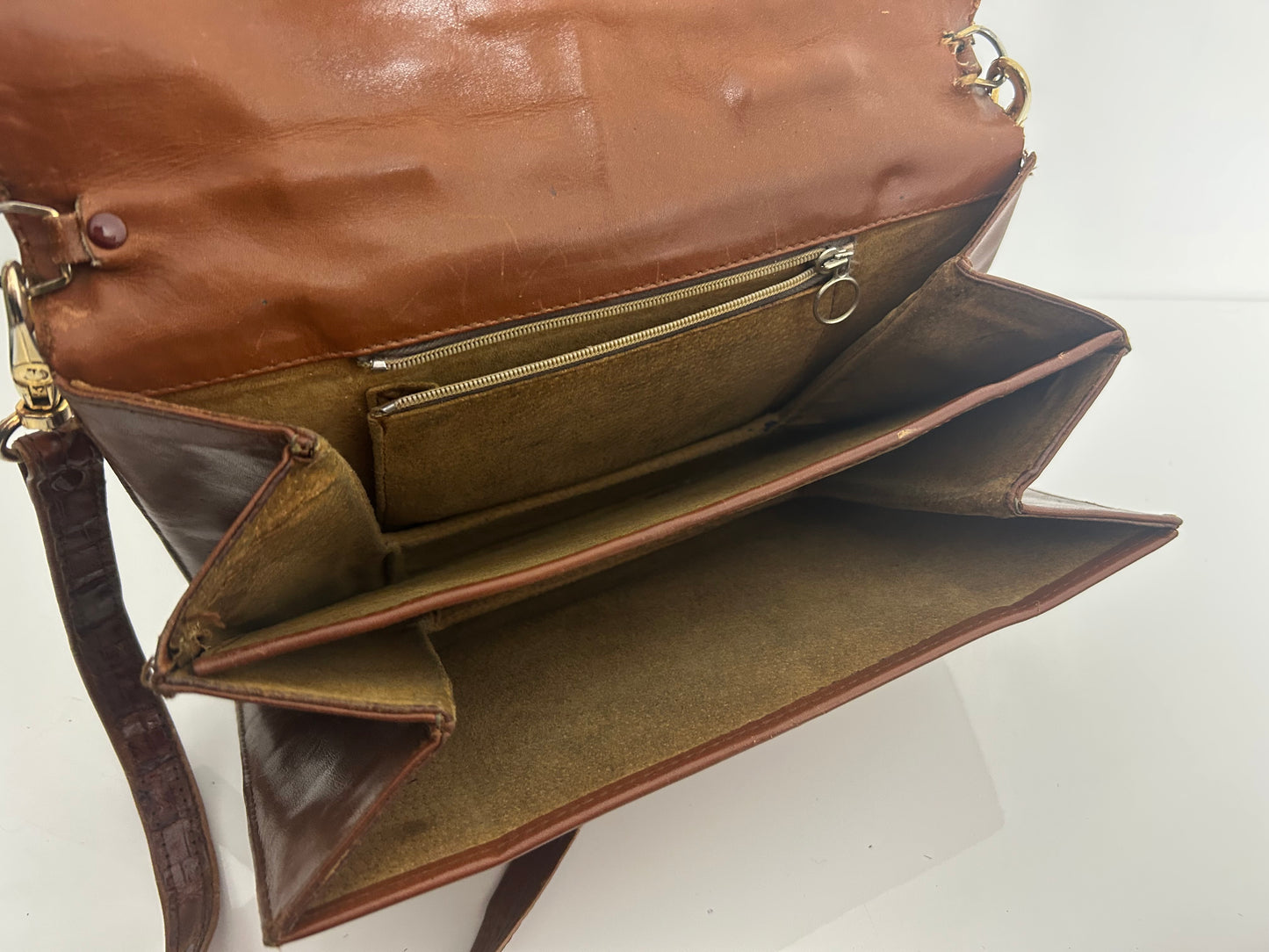Vintage Late 1960s Early 1970s Brown Mock Croc Leather Handbag Or Shoulder Strap