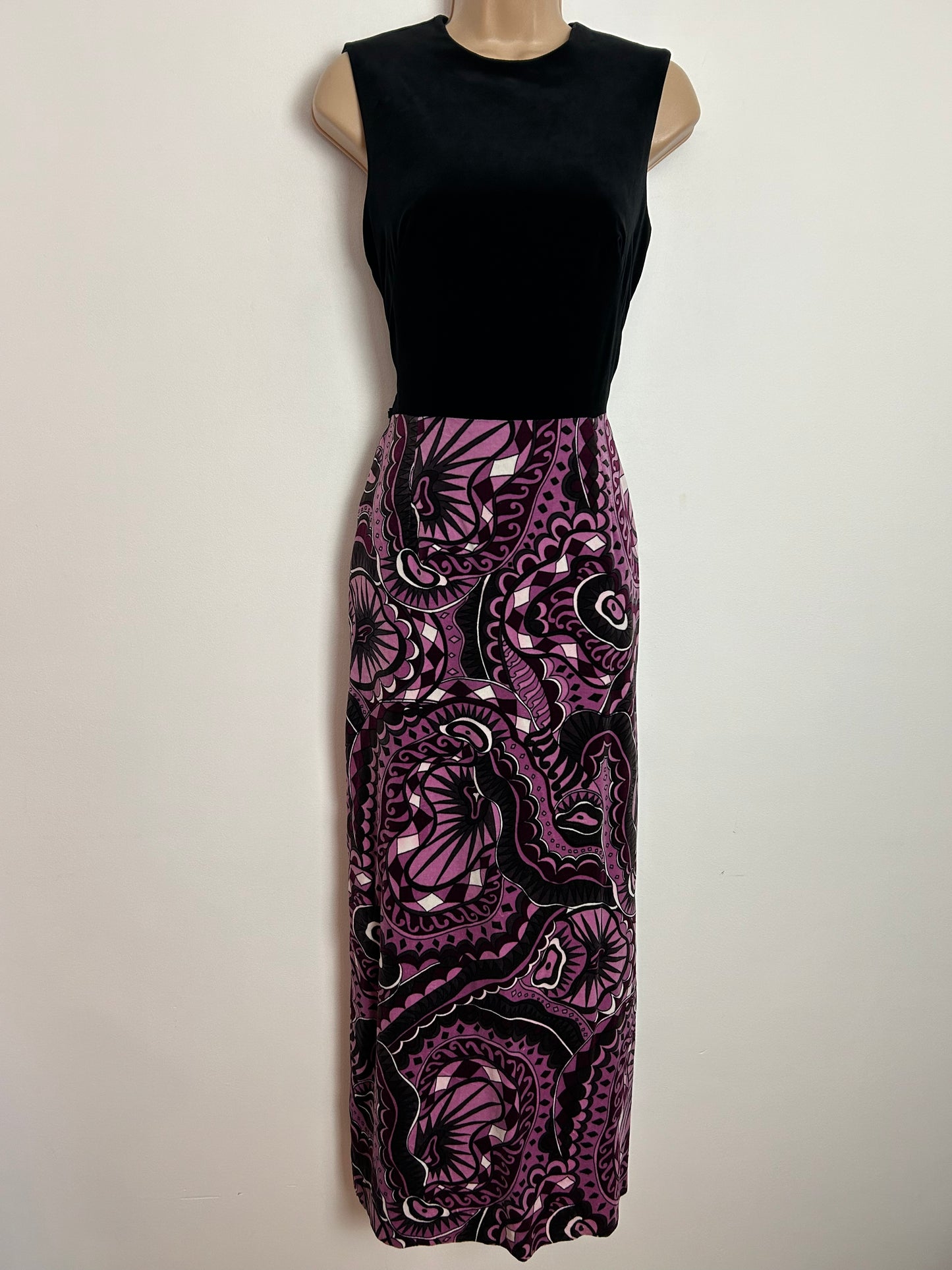 Vintage 1970s JOBI UK Size 8 Black Purple Pink & Brown Abstract Print Velvet Sleeveless Occasion Boho Maxi Dress