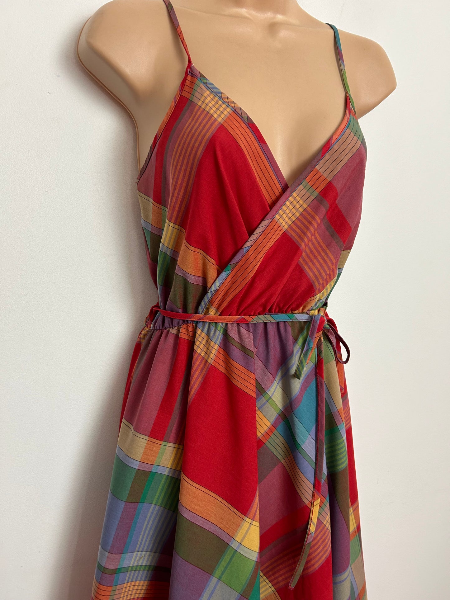 Vintage Late 1970s ST MICHAEL UK Size 14 Red Rainbow Check Print Cotton Mix Belted Summer Dress