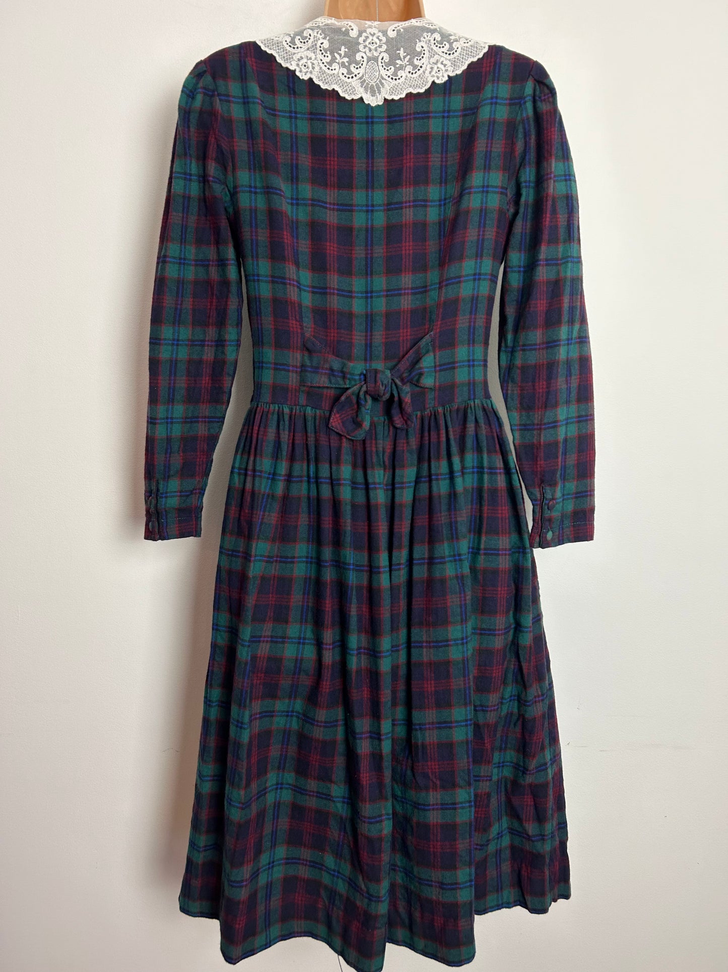 Vintage 1980s Laura Ashley UK Size 6-8 (10 On Label) Wool Mix Green Navy & Red Tartan Check Print Lace Collar Midi Dress