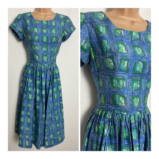 Vintage 1950s Size 8 Blue & Green Check Print Short Sleeve Pleated Cotton Day Dress