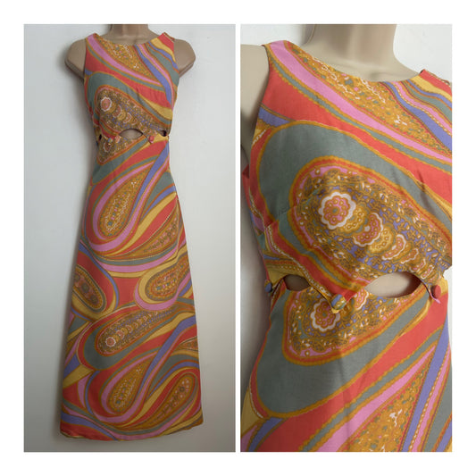 Vintage Late 1960s Size 6 Pastel Coral Pink Green Blue & Lemon Paisley Print Cut Out Waist Detail Maxi Dress