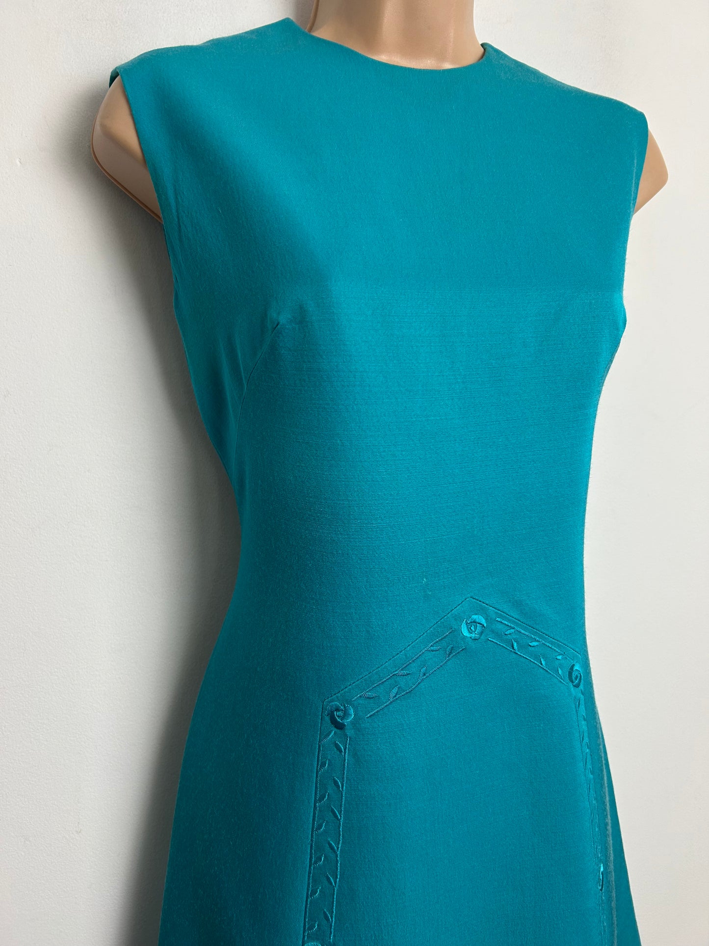 Vintage 1960s PEGGY FRENCH COUTURE Size 8 Dark Turquoise Embroidered Stitch Detail Mod Shift Dress