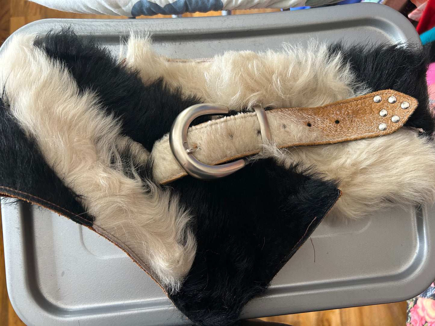 Vintage 1970s Black & White Fur Very Wide Belted Western Style Belt Size 8-12