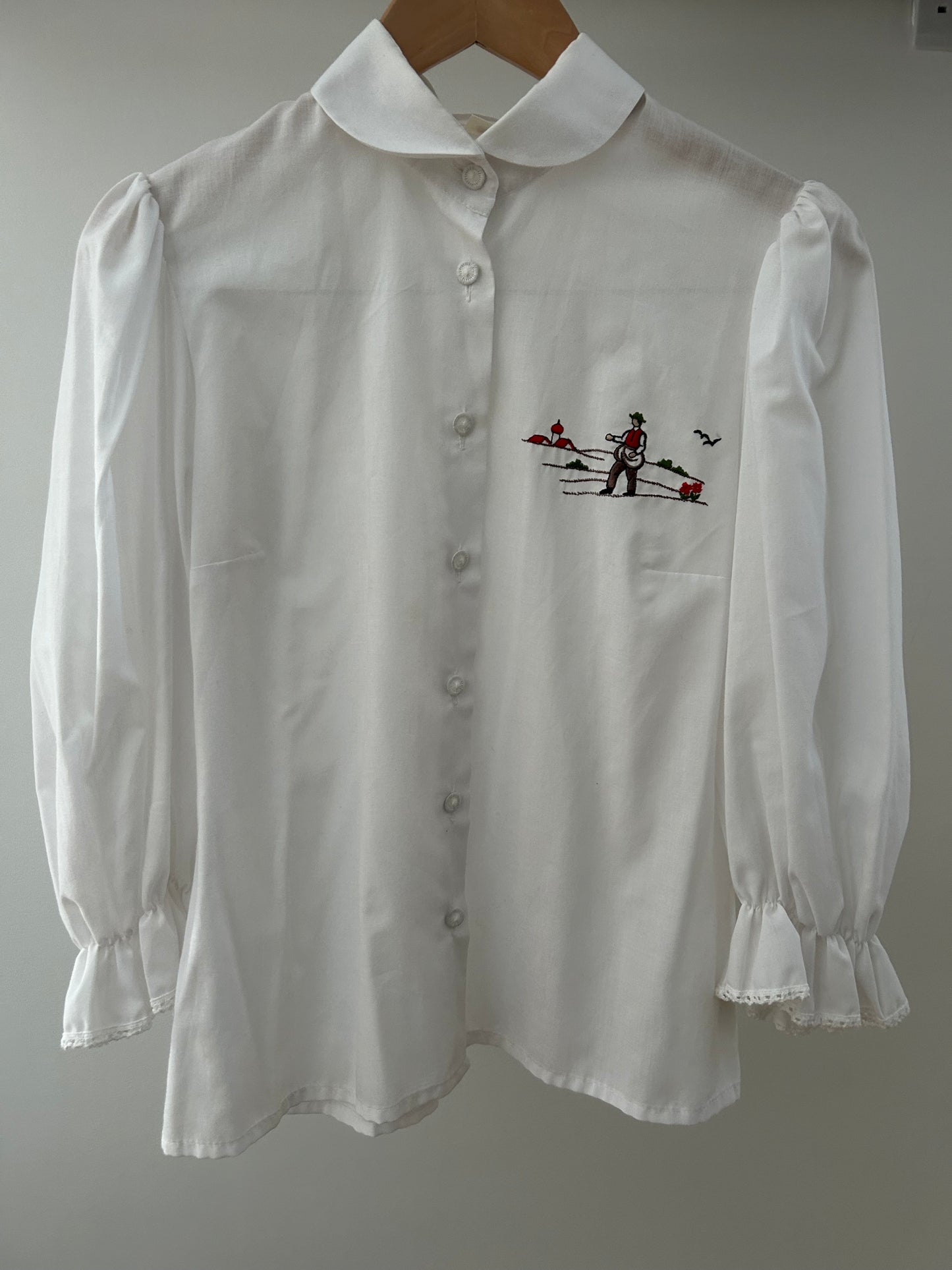 Vintage 1980s UK Size 12 ANGELIKA White Folk Country Scene Embroidered Detail Cotton Mix Long Sleeve Shirt