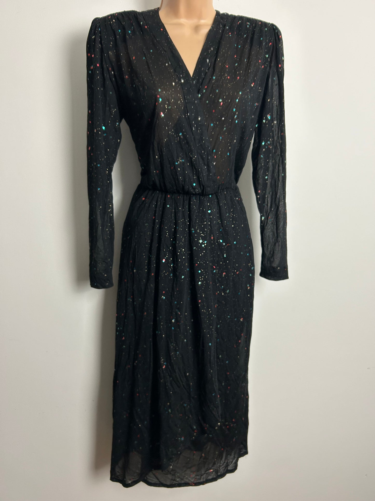 Vintage 1980s Size 10-12 Black Gold Glitter & Sequin Detail Midi Party Dress