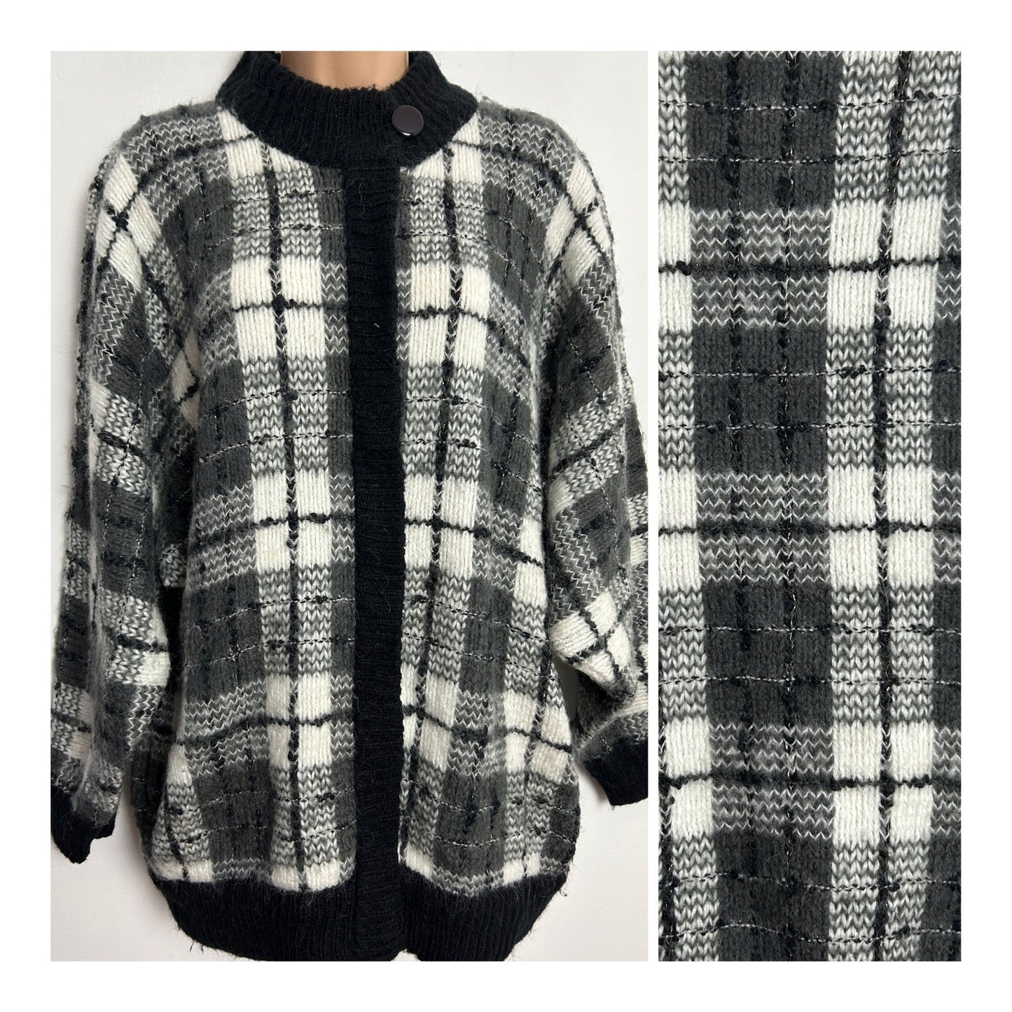 Vintage 1980s One Size Up To Size 16/18 Black Grey & Winter White Check Chunky Zip Fronted Cardigan