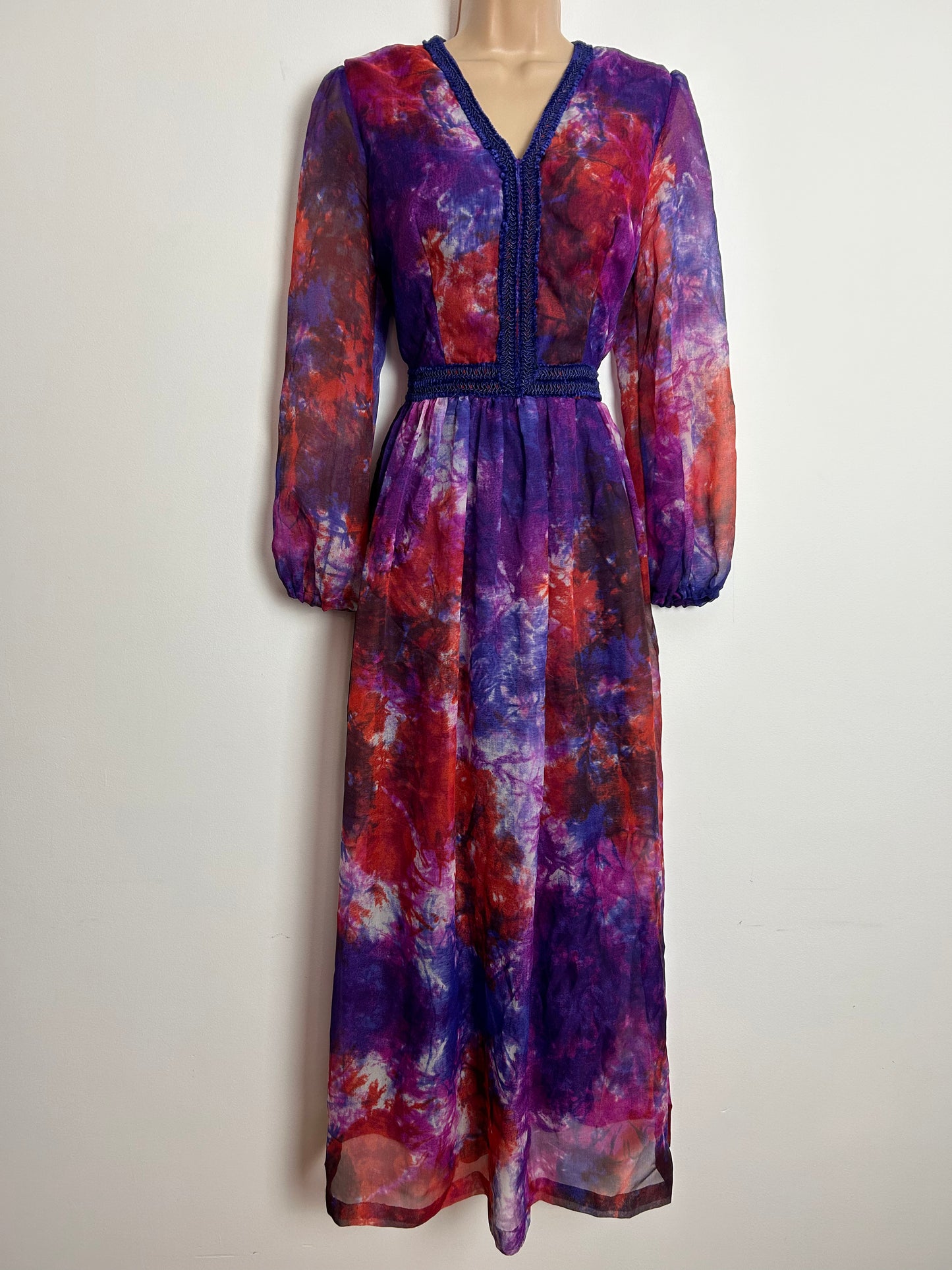 Vintage 1970s UK Size 8-10 Beautiful Purple Red & Pink Tones Tie Dye Effect Braid Trim Boho Maxi Dress