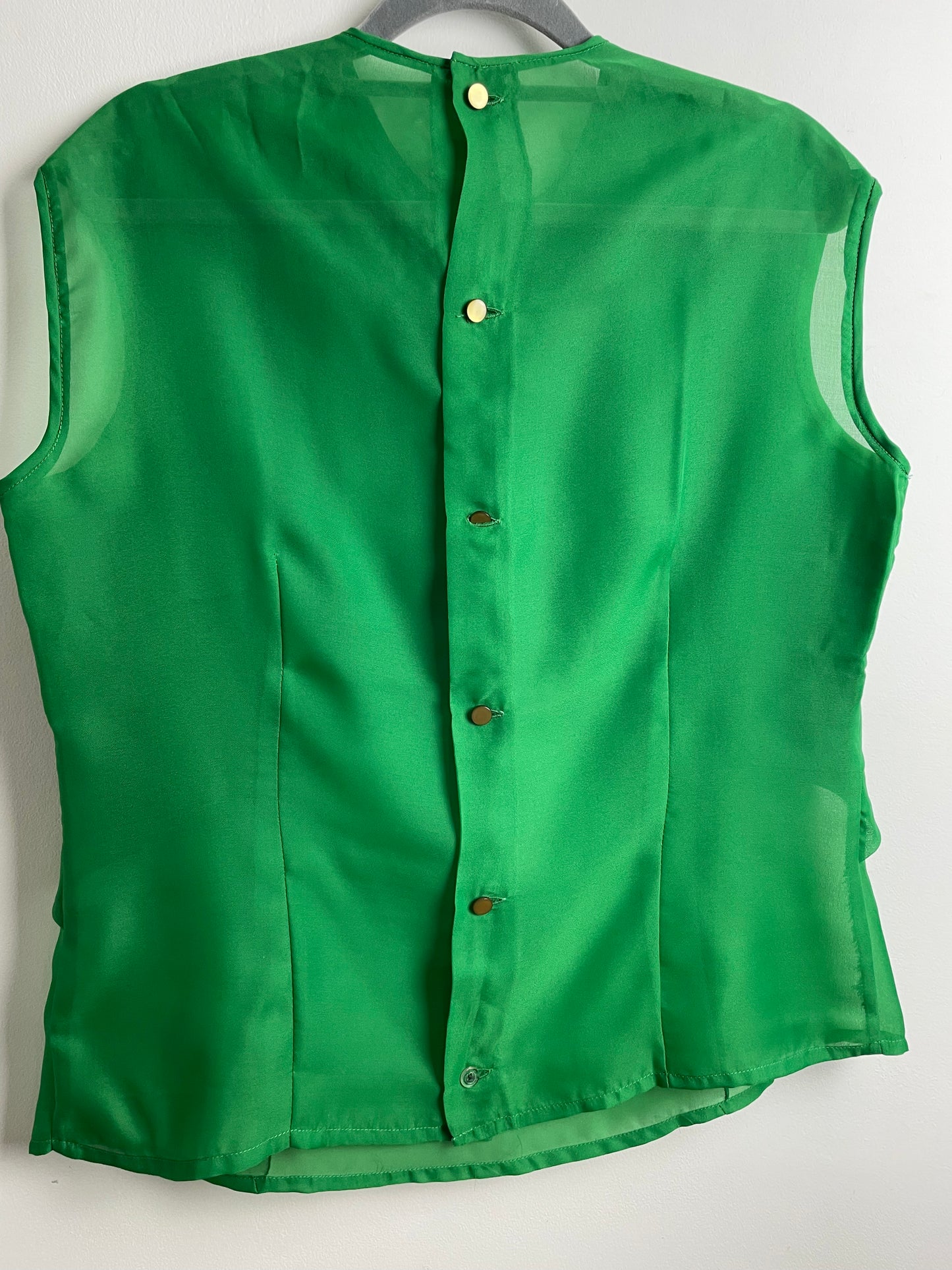 Vintage Early 1970s UK Size 14-16 Green Pleated Sleeveless Button Back Blouse