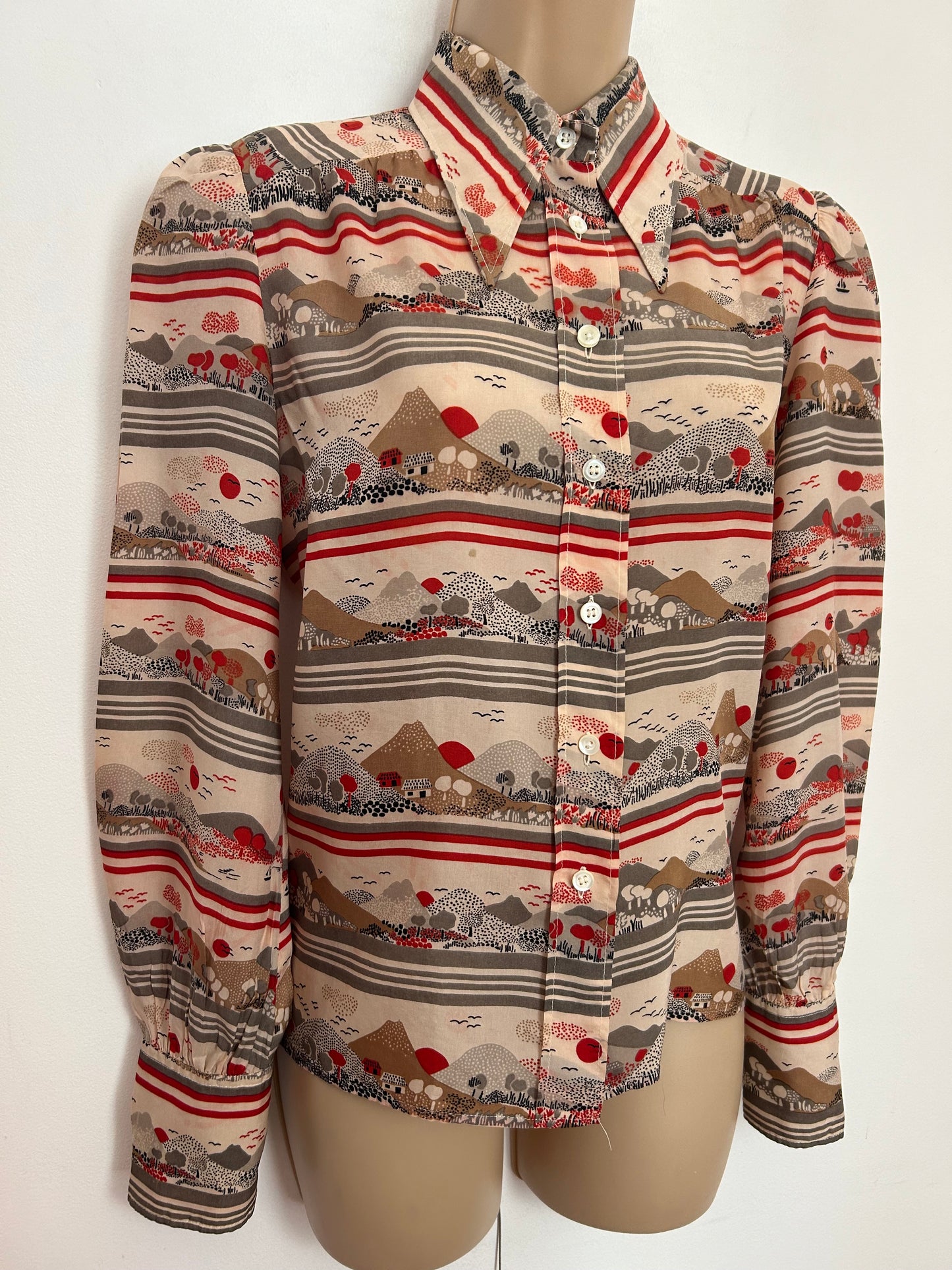 Vintage 1970s UK Size 12 Beige Brown Grey & Red Country Hill Trees & Cottage Novelty Print Dagger Collar Shirt