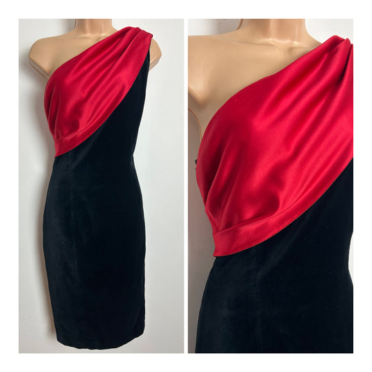 Vintage 1980s OPERA BY RICHARDS Size 10-12 Black Velvet & Red Satin One Shoulder Fitted Cocktail Party Dress