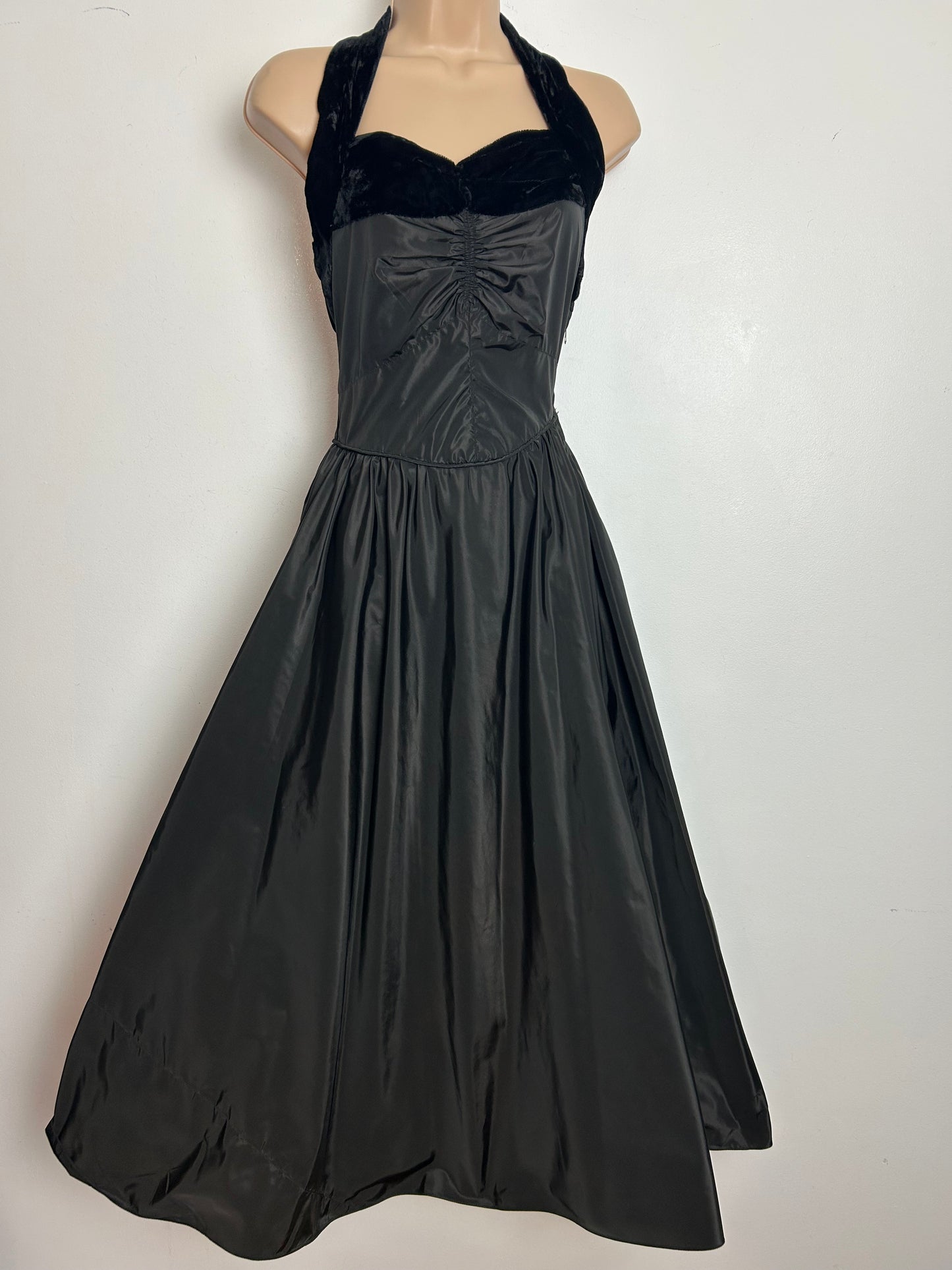 Vintage 1940s Size 6 Black Acetate & Velvet Trim Halter Neck Occasion Evening Xmas Party Dress